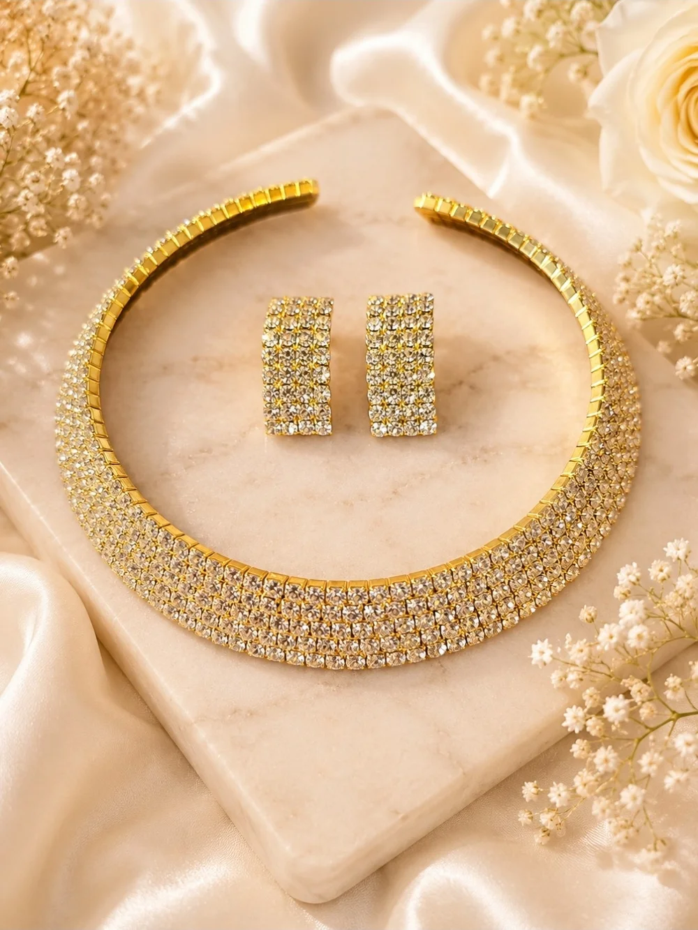 Gold-Tone Rhinestone Statement Collar Necklace & Earrings Set – Never Worn